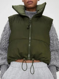 Winter Women Chic Green Pleated Double Wear Vest Jacket Female Fashion Zipper Sleeveless Coat Girls Casual