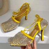style Crystal Mesh Women pumps Sexy Ankle strap Square toe High heels Female Sandals Spring Summer Hollow Party Dress