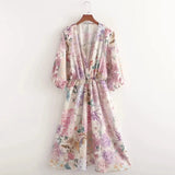 Women Floral Patchwork Print V Neck Midi Dress Female Lantern Sleeve Clothes Casual Lady Loose Vestido