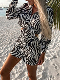Summer Women's Outfit Retro Graphic Print Shorts Boho Outfit Elegant Lapel Collar Button Up Top Elastic Waist Shorts Beach