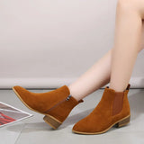 Women's Natural Suede Leather Elastic Patchwork Slip-on Flats Autumn Ankle Boots Square Toe Casual Short Chelsea Boots Shoes