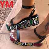 Drop shipping Women Sandals Wedge Summer Ankle Strap Women's Shoes Open Toe Boho Color Snake Pattern Plus Size