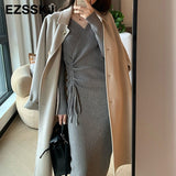 2021 thick dress warm autumn winter maix sweater dress women bodycon v-neck Drawstring long dress female slim elegant