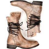 Shoes Retro Female Pu Leather Rivet Block Lace Up Motorcycle Boots Low Heel Mid Calf Boots Plus Size