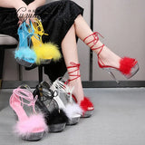 Women's Sandals 2023 Summer New Waterproof Platform Transparent Fur High Heels Cross Straps Thin Heel Pole Dance