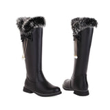 Winter Warm Women's Sweet Lolita Bowknot Boots Rabbit Fur Plush Booties Chuncky Heels Low Heel Knee High Boots Pearl