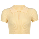 Ribbed Casual Tshirts Cotton Women Summer Short Sleeve Crop T Shirt Ladies Turn-down Collar Solid White Tee