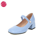 Japanese Sweet Lolita Med Chunky Heels Square Toe Pearl Elastic Band Strappy Princess Shoes Plus Size 34-48 White Purple