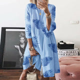 Women Autumn buttertly leaf Print long sleeves Dresses Elegant casual O Neck Knee-length Dress Summer loose Dresses