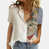 Women Elegant Office Simple Turn-down Collar Cartoon Print Casual Shirt Fashion Summer Short Sleeves Button Cardigan
