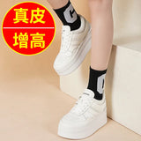 Cowhide Small White Shoes Women's Leather Strapped Thick-Soled Muffin Shoes Fashion Leisure Shoes Breathable Anti-Skid Shoes White