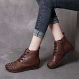 Breakj Time 138] National Wind Leather Hand-Woven Flat Bottom Short Boots Cow Skin Boots Soft Bottom Women's Cotton
