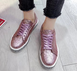 Women Glitter Flat Sneakers Casual Female Mesh Lace Up Bling Platform Comfortable Plus Size Vulcanized Shoes