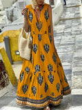 Elegant Printed Sleeveless Long Dress Boho Lady Casual Loose Lace Up Holiday Dress Summer Sexy Deep V Lace Big Swing Beach