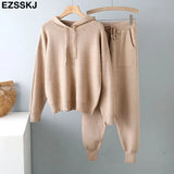 Pieces Set Women hooded sweater Tracksuit Turtleneck Sweater + Carrot Jogging Pants Pullover Sweater Set CHIC Knitted