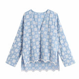 Women Geometric Embroidery V Neck Blouse Loose Smock Female Nine Quarter Sleeve Shirt Casual Lady Tops Blusas