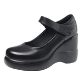 Breakj And Autumn Women's Shoes Thick Bottom Slope And Shallow Single Shoes High Heels Ladies Leather Shoes Magic Stick Round Head Loose Cake Middle-Naught Mother