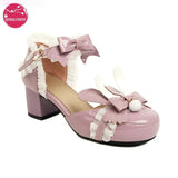 Fashion Rabbit Ear Women High Heels Bow Round Toe Pumps Leather Summer Lolita Sweet Shoes Open Side with Plush Ball Lace