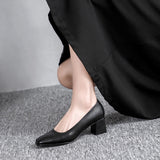 Shoes Women Black Heel Square Head Comfortable Coarse Leather Single Shoes Flats To Work Leather Shoes High Heel Professional Women's