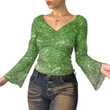 Khaki Vintage Print V Neck Flare Long Sleeve Y2K Tops Cute E Girl Fairy Grunge Aesthetic Graphic T Shirts for
