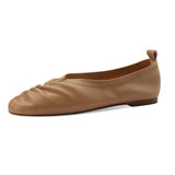 Cowhide Spring Walk Shoes Slip On Woman Flats Pregant Round Toe Pleated Loafers Driving Daily Work Shoes For All