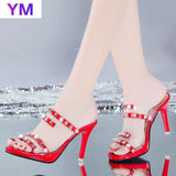 Sxey Women Sandals Fashion Peep Toe Rivet Sandals Strap Stiletto Lady Sweet Shoes 9CM Zapatos De Mujer Tacon Sapatos