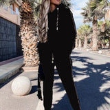 Winter Solid Hoodie Sweatshrt Outfits Women Autumn Casual Drawatring Top Pullover & Pocket Pants Set Office Lady Two-piece