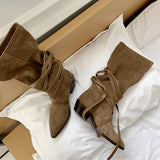 On Med Calf Boots Woman Simple Pleated Shoes Cow Suede INS Hot Botas Korea Cross-Tied Spring Autumn Woman Boots Pointed