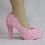 Breakj Lace Heels Wedding Shoes Lace Pearl Shoes Size Fine Heel Waterproof Shoes