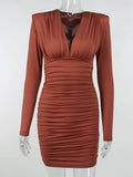 Shrug Mini Dress Women V Neck Ruched Casual Sexy Long Sleeve Clubwear Bodycon Office Ladies Elegant Chic Dresses