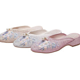 Breakj Plus Size Slippers Women's Summer Low Slope Heel Platform Sandals Embroidery Flower Women's Sandals Slippers Pointed Fashion Nail