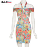 Puss Colorful Halter Backless Sexy Women Dress Sleeveless Skinny Mini Bodycon Cross Bandage Vacation Streetwear