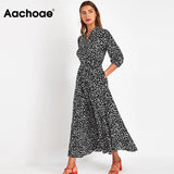 Women Turn Down Collar Office Shirt Dress 2021 Dot Print Casual Long Dresses Female Three Quarter Sleeve Sashes