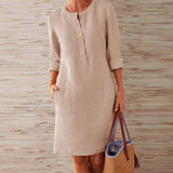 Winter Autumn Button Cotton Linen Dress women Elegant O-Neck Knee length Long Sleeve Pocket Solid Dress Plus Size