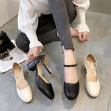 Women In High Heels 2023 New Round Head, Simple, Shallow, Single Shoes, Buckle, Thick Heels, Medium Heels, High Heels In Four