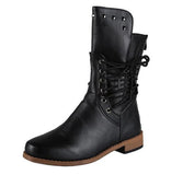 Mid Calf Boots Lace Up Boots Female Women Shoes Rivet Low Heels Zip Footwear Leather Women's Short Boots Plus Size