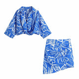 Chic Blue Print Skirt Sets Women 2021 Summer Fashion Cropped Knot Shirts Side Buttons Ruched Skirts