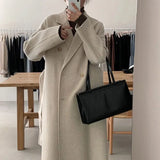 Women Elegant Office Long Wool Coat With Belt Long Sleeve Double Breasted Coat Overcoat Female Chic Outerwear