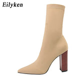 Comfort Stretch Women Sock Boots Square High Heel Ankle Boots Fashion Pointed Toe Fall Stretch Shoes Black Big Size