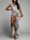 Fashion Floral Print Chiffon Dress Summer Elegant Casual Woman Female Dress Sexy V-Neck Sleeveless Slim Waist Slit Long