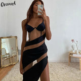 Women Sexy Mesh Patchwork Y2K Bodycon Dress Sleeveless Hollow Out Split Fitness v-Neck Party Clubwear Camisole