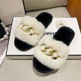 Fur Slippers 2024 New Fashion Chain Design Women Home Slippers Winter Indoor Open Toe Flat Non-slip Leisure Female