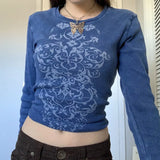Y2K Grunge Fairycore Crop Tshirts Graphic Print Long Sleeves Slim Top Tee Crewneck Fashion Harajuku Cloth