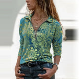 Slim Fashion Women Autumn Geometric Print V Neck T-shirts Casual Long Sleeves Zipper Pullover Elegant Streetwear Female
