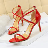 Breakj Fashion Banquet Women's Shoes Ultra High Heel Heel Open Toe Painted Leather Cross Strap Sexy Nightclub