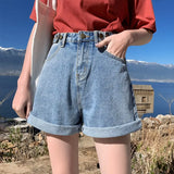 New Summer Women High Waist Wide Leg Denim Shorts Casual Female Loose Fit Streetwear Solid Color Straight Jeans