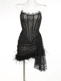 High-End Women's Sexy Lace Perspective Spliced Feather Girded Boobs Elegant Temperament Dress