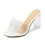 Fashion Girl Bow Crystal Slippers Sexy Transparent Dress Heel Shoes Summer Pearl Bowknot Design 2023 Elegant Party