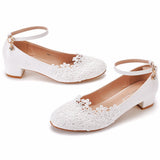 Breakj 3 Cm Square-Shaped Round-Headed Single-Shoe Wrist Strap Single Shoe Spring And Autumn Lace Wedding Shoes Women's Small White