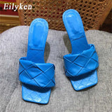 Summer New Design Weave Square Toe Heels High Quality PU Leather Slippers Gladiator Beach Womens Sandal Slides